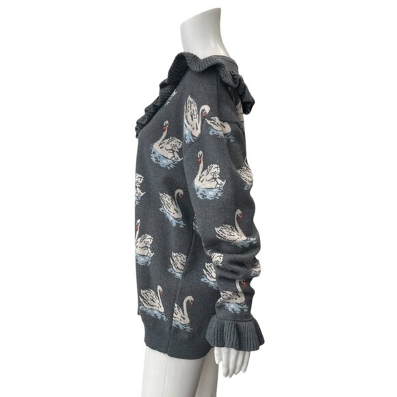 $945 Stella McCartney Gray Swan Intarsia Knit Ruffle Wool Sweater size IT 46/10 - Picture 5 of 8